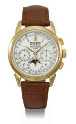 PATEK PHILIPPE. A RARE AND ATTRACTIVE 18K GOLD PERPETUAL CALENDAR CHRONOGRAPH WRISTWATCH WITH MOON PHASES, LEAP YEAR, DAY/NIGHT INDICATION, ADDITIONAL CASE BACK, CERTIFICATE OF ORIGIN AND BOX