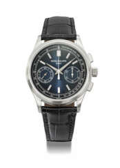 PATEK PHILIPPE. A RARE AND ATTRACTIVE PLATINUM CHRONOGRAPH WRISTWATCH WITH BAGUETTE DIAMOND-SET INDEXES, TACHYMETER, CERTIFICATE OF ORIGIN AND BOX