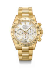 ROLEX. A RARE AND ATTRACTIVE 18K GOLD AND DIAMOND-SET AUTOMATIC CHRONOGRAPH WRISTWATCH WITH BRACELET, MOTHER-OF-PEARL DIAL AND BOX
