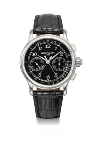 PATEK PHILIPPE. A VERY RARE PLATINUM SPLIT SECONDS CHRONOGRAPH WRISTWATCH WITH BLACK ENAMEL DIAL, BREGUET NUMERALS, ADDITIONAL CASE BACK, CERTIFICATE OF ORIGIN AND BOX - photo 1