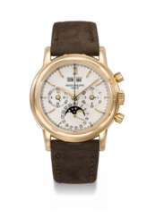PATEK PHILIPPE. A RARE 18K PINK GOLD PERPETUAL CALENDAR CHRONOGRAPH WRISTWATCH WITH MOON PHASES, 24 HOUR INDICATION AND LEAP YEAR INDICATION