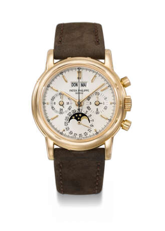 PATEK PHILIPPE. A RARE 18K PINK GOLD PERPETUAL CALENDAR CHRONOGRAPH WRISTWATCH WITH MOON PHASES, 24 HOUR INDICATION AND LEAP YEAR INDICATION - photo 1
