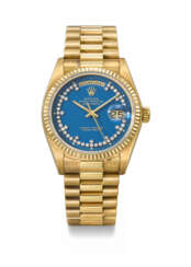ROLEX. A RARE AND HIGHLY ATTRACTIVE 18K GOLD AND DIAMOND-SET AUTOMATIC WRISTWATCH WITH SWEEP CENTRE SECONDS, DAY, DATE, BLUE LACQUERED &#39;STELLA&#39; DIAL, BRACELET, GUARANTEE AND BOX