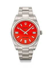 ROLEX. AN ATTRACTIVE STAINLESS STEEL AUTOMATIC WRISTWATCH WITH SWEEP CENTRE SECONDS, BRACELET, CORAL RED DIAL, GUARANTEE AND BOX