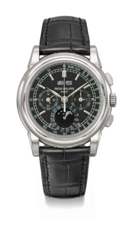 PATEK PHILIPPE. A VERY RARE PLATINUM PERPETUAL CALENDAR CHRONOGRAPH WRISTWATCH WITH MOON PHASES, 24 HOUR INDICATION, ADDITONAL CASE BACK, CERTIFICATE OF ORIGIN AND BOX - Foto 1