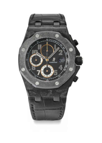 AUDEMARS PIGUET. A VERY RARE AND ATTRACTIVE CARBON AND CERAMIC LIMITED EDITION AUTOMATIC CHRONOGRAPH WRISTWATCH WITH DATE, GUARANTEE AND BOX - фото 1