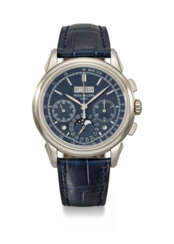 PATEK PHILIPPE. AN EXTREMELY ATTRACTIVE 18K WHITE GOLD PERPETUAL CALENDAR CHRONOGRAPH WRISTWATCH WITH MOON PHASES, LEAP YEAR, DAY/NIGHT INDICATOR, ADDITIONAL CASE BACK, CERTIFICATE OF ORIGIN AND BOX