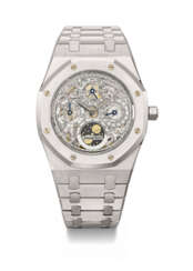 AUDEMARS PIGUET. AN EXTREMELY RARE AND ATTRACTIVE STAINLESS STEEL SKELETONIZED AUTOMATIC WRISTWATCH WITH PERPETUAL CALENDAR, MOON PHASES AND BRACELET