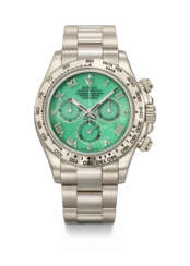 ROLEX. A RARE AND ATTRACTIVE 18K WHITE GOLD AUTOMATIC CHRONOGRAPH WRISTWATCH WITH GREEN CHRYSOPRASE DIAL, BRACELET, GUARANTEE AND BOX
