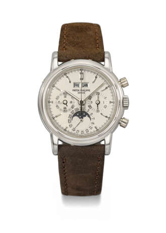 PATEK PHILIPPE. A RARE PLATINUM PERPETUAL CALENDAR CHRONOGRAPH WRISTWATCH WITH MOON PHASES, 24 HOUR INDICATION, LEAP YEAR INDICATION AND BOX - Foto 1