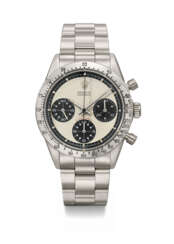 ROLEX. A RARE AND ATTRACTIVE STAINLESS STEEL CHRONOGRAPH WRISTWATCH WITH PAUL NEWMAN DIAL AND BRACELET