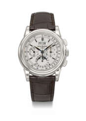 PATEK PHILIPPE. A LARGE AND RARE 18K WHITE GOLD PERPETUAL CALENDAR CHRONOGRAPH WRISTWATCH WITH MOON PHASES, 24-HOUR INDICATION, ADDITIONAL CASE BACK, CERTIFICATE OF ORIGIN AND BOX