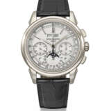 PATEK PHILIPPE. A RARE 18K WHITE GOLD PERPETUAL CALENDAR CHRONOGRAPH WRISTWATCH WITH MOON PHASES, LEAP YEAR, DAY/NIGHT INDICATOR, ADDITIONAL CASE BACK, CERTIFICATE OF ORIGIN AND BOX - фото 1