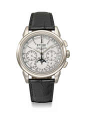 PATEK PHILIPPE. A RARE 18K WHITE GOLD PERPETUAL CALENDAR CHRONOGRAPH WRISTWATCH WITH MOON PHASES, LEAP YEAR, DAY/NIGHT INDICATOR, ADDITIONAL CASE BACK, CERTIFICATE OF ORIGIN AND BOX