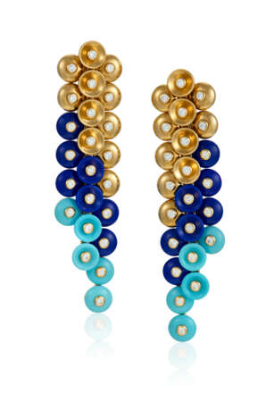 VAN CLEEF & ARPELS LAPIS LAZULI, TURQUOISE, DIAMOND AND GOLD 'BOUTON D'OR' EARRINGS - фото 1