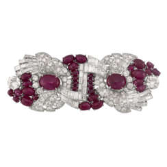 ART DECO RUBY AND DIAMOND DOUBLE-CLIP BROOCH