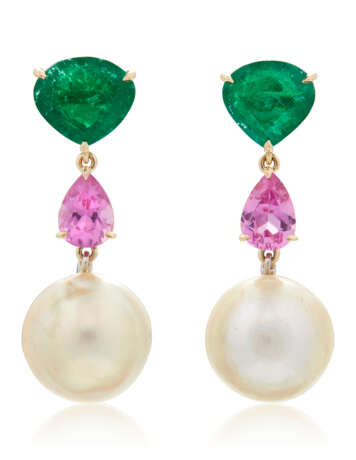 NO RESERVE | NATURAL PEARL, EMERALD AND PINK SAPPHIRE EARRINGS - Foto 1