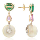 NO RESERVE | NATURAL PEARL, EMERALD AND PINK SAPPHIRE EARRINGS - Foto 3