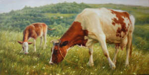 Pasture, Cow and child, Cow oil painting, Original oil, Oil animals