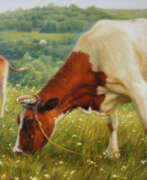 Nicholas Kaftan (né en 1978). Pasture, Cow and child, Cow oil painting, Original oil, Oil animals