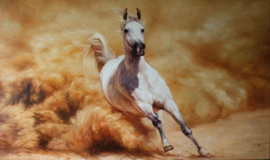 «Les Courses de chevaux à l'huile cheval de Course cheval Blanc de Course de cheval blanc cheval Blanc l'huile Original peinture à l'huile» Réalisme Animaliste 2017 - photo 1