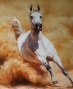 Nicholas Kaftan (b. 1978). Horse Racing oil, Running horse, White horse, Running white horse, White horse oil, Original oil painting