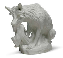 A LARGE MEISSEN WHITE PORCELAIN MODEL OF A FOX SOFT-MOUTHING A HEN