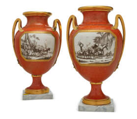 A PAIR OF SEVRES PORCELAIN FAUX PORPHYRY VASES