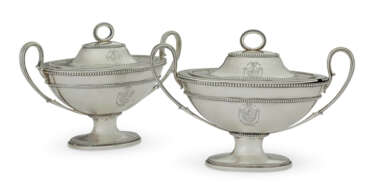 A PAIR OF GEORGE III SILVER TWO-HANDLED SAUCE TUREENS AND COVERS