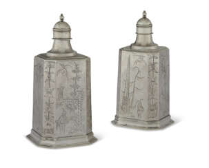 A PAIR OF CHARLES II SILVER OCTAGONAL SCENT FLASKS