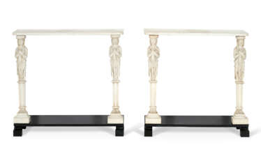 A PAIR OF LATE GEORGE III CARVED WHITE MARBLE CONSOLE TABLES