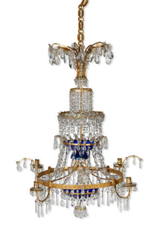 A NORTH EUROPEAN CUT-GLASS MOUNTED ORMOLU, BLUE GLASS AND ROCK CRYSTAL FOUR-LIGHT CHANDELIER - фото 1