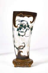 A FRENCH ORMOLU-MOUNTED PARCEL-GILT AND ENAMELED AND GLASS VASE 