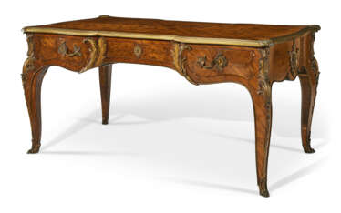 A FRENCH ORMOLU-MOUNTED KINGWOOD, TULIPWOOD AND FLORAL MARQUETRY CENTER TABLE