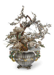 A JAPANESE EXPORT SILVER, MIXED-METAL, AND ENAMEL FIGURAL FLORAL CENTERPIECE