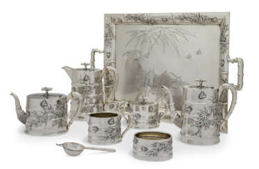 A CHINESE EXPORT SILVER SEVEN-PIECE TEA AND COFFEE SERVICE AND TWO-HANDLED TRAY