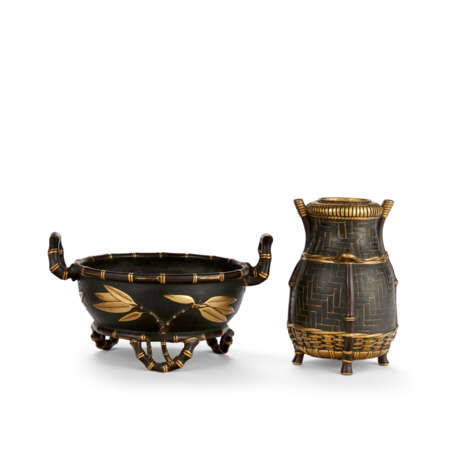 A FRENCH PARCEL-GILT AND PATINATED BRONZE BRUSH VASE AND DUAL-HANDLED BOWL - photo 2