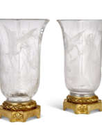Japonism. A PAIR OF FRENCH 'JAPONISME' ORMOLU-MOUNTED CUT AND ETCHED-GLASS VASES