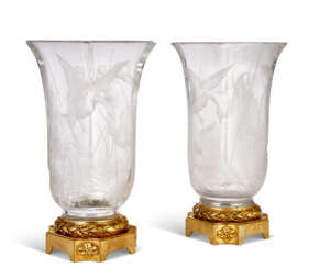 A PAIR OF FRENCH 'JAPONISME' ORMOLU-MOUNTED CUT AND ETCHED-GLASS VASES