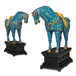 A NEAR LIFE-SIZE PAIR OF CHINESE CLOISONNE ENAMEL HORSES