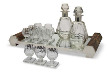 A FRENCH SILVER-MOUNTED CUT GLASS AND WOOD COCKTAIL SERVICE