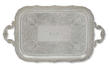 A GEORGE V SILVER TWO-HANDLED LARGE TRAY