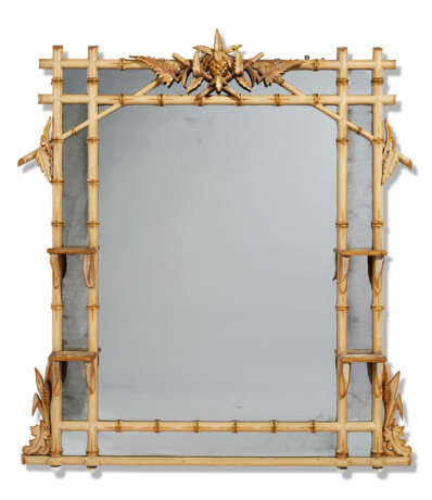 A LARGE CREAM-PAINTED AND PARCEL-GILT FAUX BAMBOO OVER-MANTEL MIRROR - фото 1