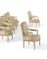 A SET OF SIX LOUIS XVI GRAY-PAINTED AND PARCEL-GILT FAUTEUILS