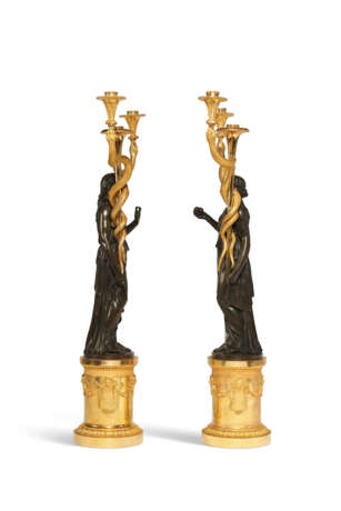 A PAIR OF CONSULAT ORMOLU AND PATINATED BRONZE THREE-LIGHT CANDELABRA - фото 2