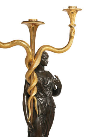 A PAIR OF CONSULAT ORMOLU AND PATINATED BRONZE THREE-LIGHT CANDELABRA - фото 5