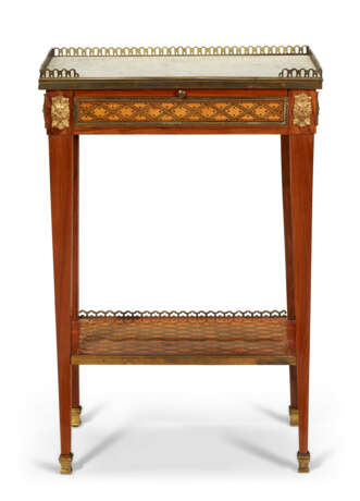 A LOUIS XVI ORMOLU-MOUNTED TULIPWOOD, FRUITWOOD AND GREEN-STAINED DOT-TRELLIS PARQUETRY TABLE A ECRIRE - photo 1