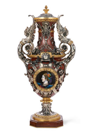 A LARGE NAPOLEON III ORMOLU, SILVERED-BRONZE AND ENAMEL-MOUNTED ROUGE GRIOTTE MARBLE VASE - фото 1