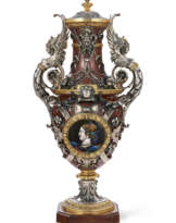 A LARGE NAPOLEON III ORMOLU, SILVERED-BRONZE AND ENAMEL-MOUNTED ROUGE GRIOTTE MARBLE VASE