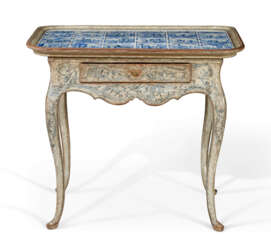 A DANISH GREY AND BLUE-PAINTED AND DELFT TILE-INSET TABLE